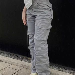Gray Vintage Cargo Pants  Women 90s Streetwear Wide Leg High Waist Straight Y2k